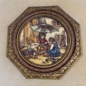 VINTAGE ARTINI 4D SCULPTURE PAINTING “CHILDREN AT PICNIC LUNCH” OCTAGON FRAME